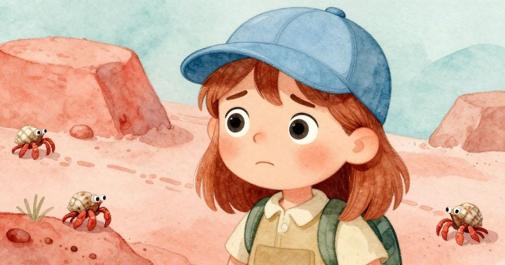 Fern停下腳步凝望被模糊的沙紋，臉上流露悔恨與堅定，旁邊小寄居蟹穿梭，呈現內心掙扎。