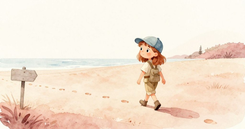 Fern帶著平靜心情沿幹淨沙脊走去，身後漸隱足跡與標記柱低語著探索故事的安靜落幕。