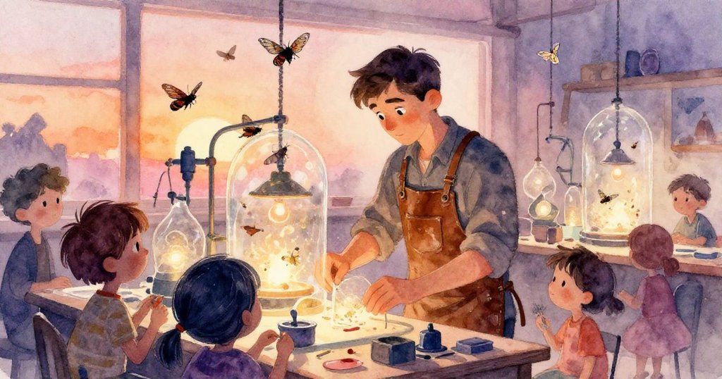 Grey在工坊忙碌操作, 背景有熔爐與穿梭飛舞的飛蛾, 工坊充滿溫暖光影和忙碌創意情緒。