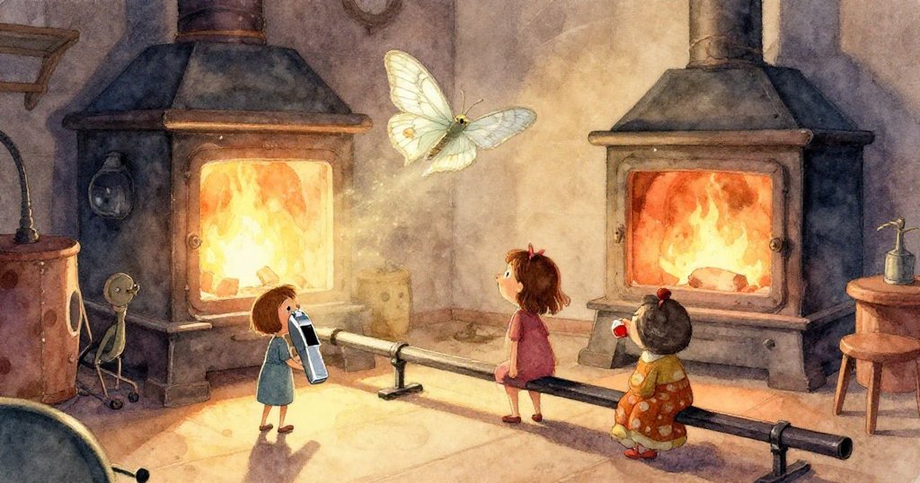 Grey凝神注視著熔融玻璃, 眼中映出熔爐金光, 表情充滿專注與驚奇, 背景隱約呈現工坊氛圍。