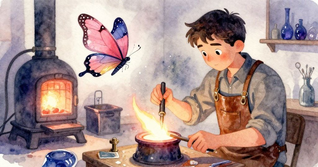 Grey操作玻璃管, 前景展示精緻工具, 背景有熾熱熔爐, 蝴蝶在空中飛舞, 場景層次分明充滿神秘感。