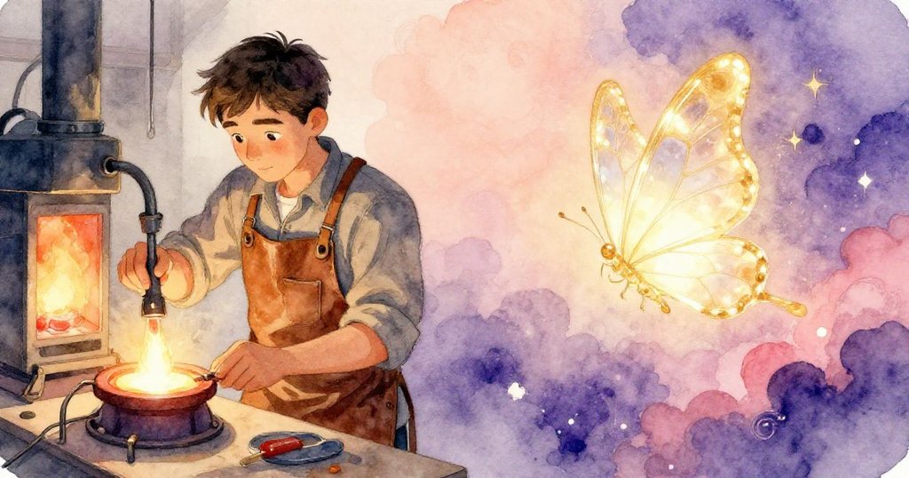 Grey凝視著真實與夢幻交錯, 左側呈現熾熱工坊, 右側出現幽光閃爍的蝴蝶, 現實與魔法融為一體。