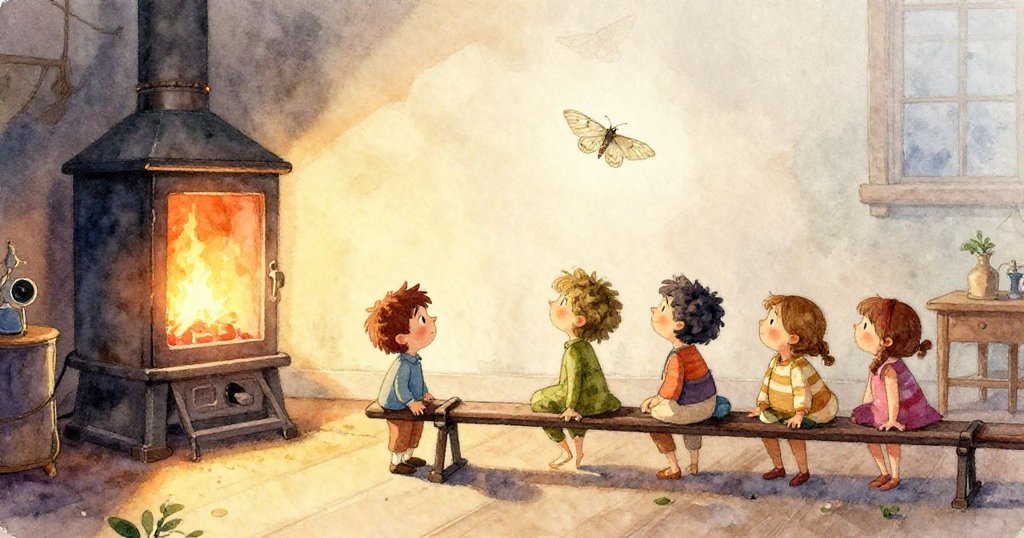 Grey手持玻璃管, 熔融玻璃突然扭曲, 近處有薄翼蝴蝶飛舞, 場面緊張且充滿創造不確定性。