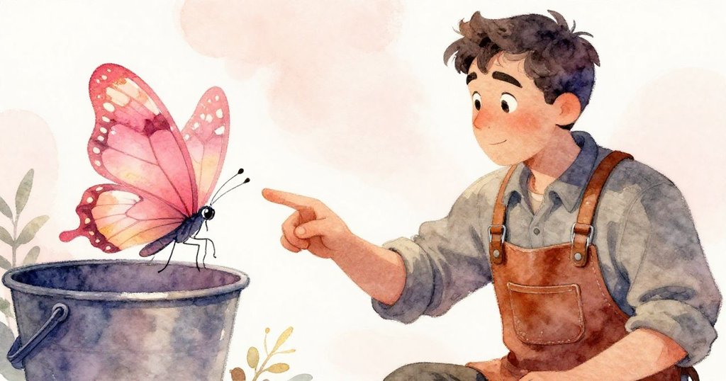 Grey溫柔伸手引導蝴蝶降落, 蝴蝶輕盈停在濕潤工具桶上, 場景寧靜溫馨展現創作完成之美。