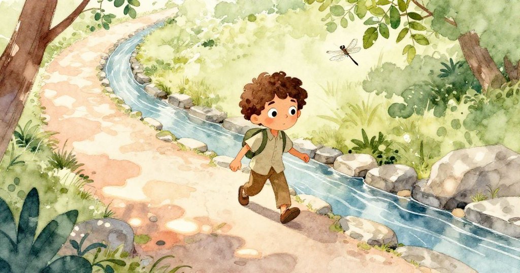 Noel從陽光燦爛的步道邁向涼爽石渠邊緣,水流層次分明,臉上帶有期待與好奇,展現冒險開端。