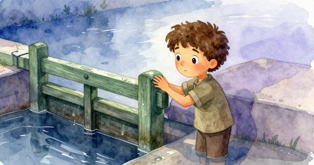 Noel靜靜觸摸著潮濕發綠的木閘,眼神沉思,水層層呈現歷史痕跡,氛圍充滿微妙光影,展現發展初期。