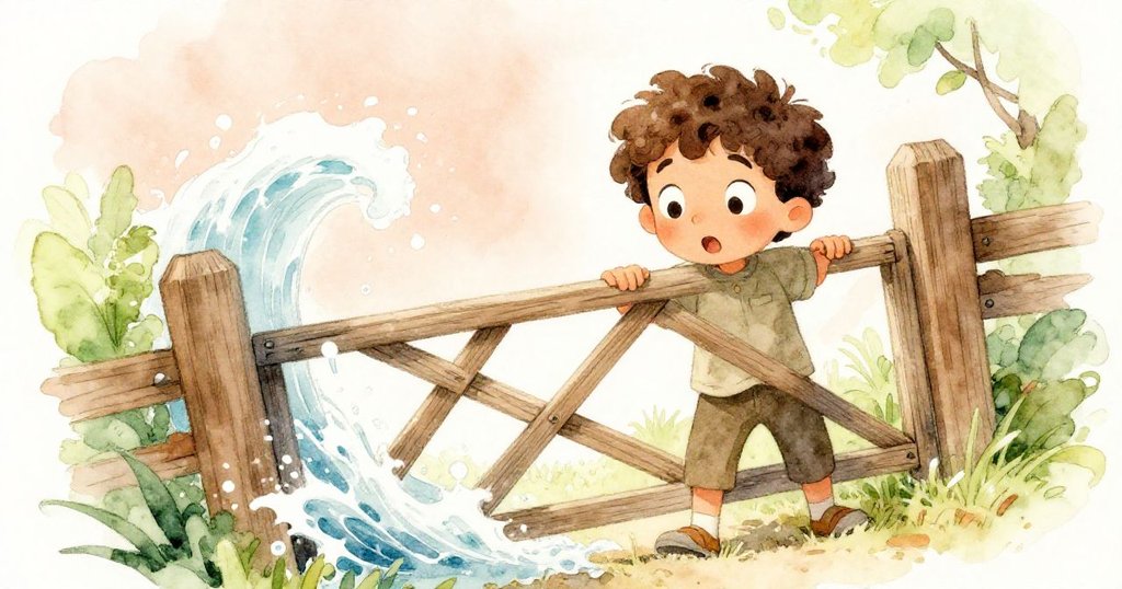 Noel調整握把時驚訝表情浮現,傾斜構圖捕捉水流急速落下與木閘擺動,展現情節轉捩點。