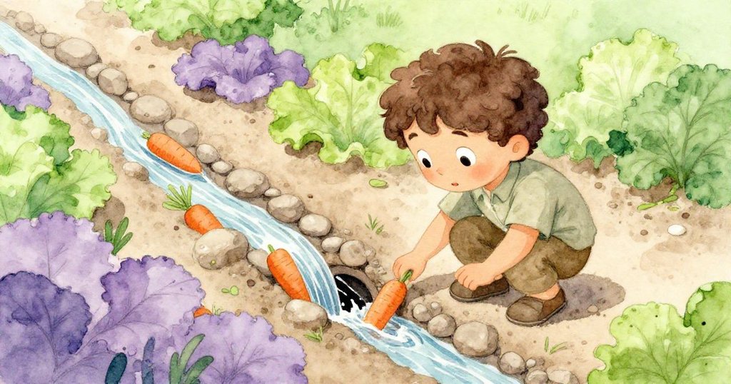 Noel蹲下仔細觀察隱秘水流交織處,蔬菜床中蘿蔔與生菜相映,表情專注,揭開自然隱秘平衡。