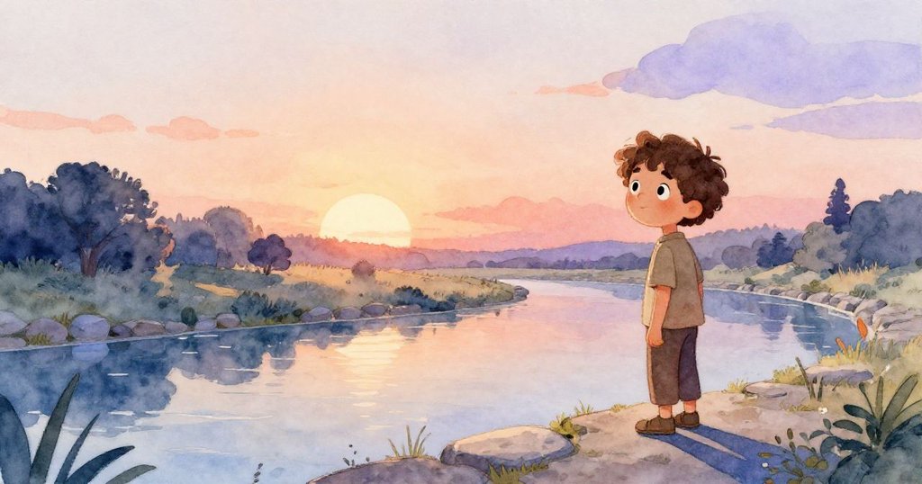 Noel退後欣賞夕陽下水流新韻律,臉上透露平靜與接受,寧靜戶外景色展現完美結局。