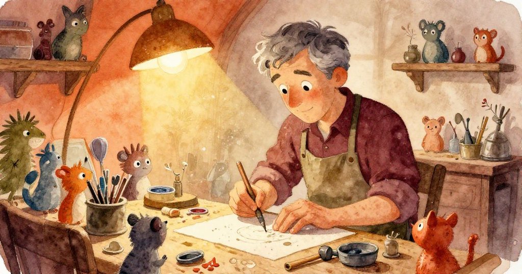 山姆在擁擠工作室中忙碌檢查工具，燈光溫暖、塵埃飛揚，小動物圍繞，充滿生機與期待。