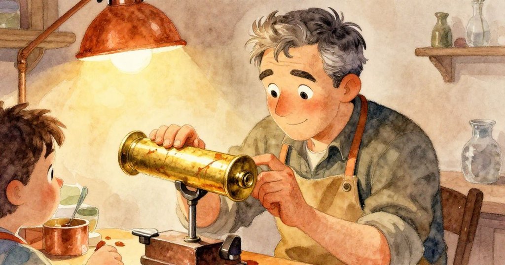 山姆專注操作小夾具夾住黃銅圓筒，感受楓糖餘味，手法細膩，燈光下展現溫暖金屬光澤。