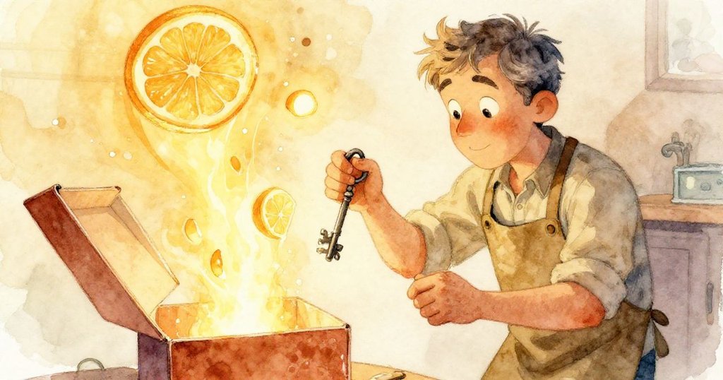 山姆以傾斜視角操作鑰匙，打開成品盒時彷彿流出明亮樂音，畫面呈現奇幻韻律與柔和光影。