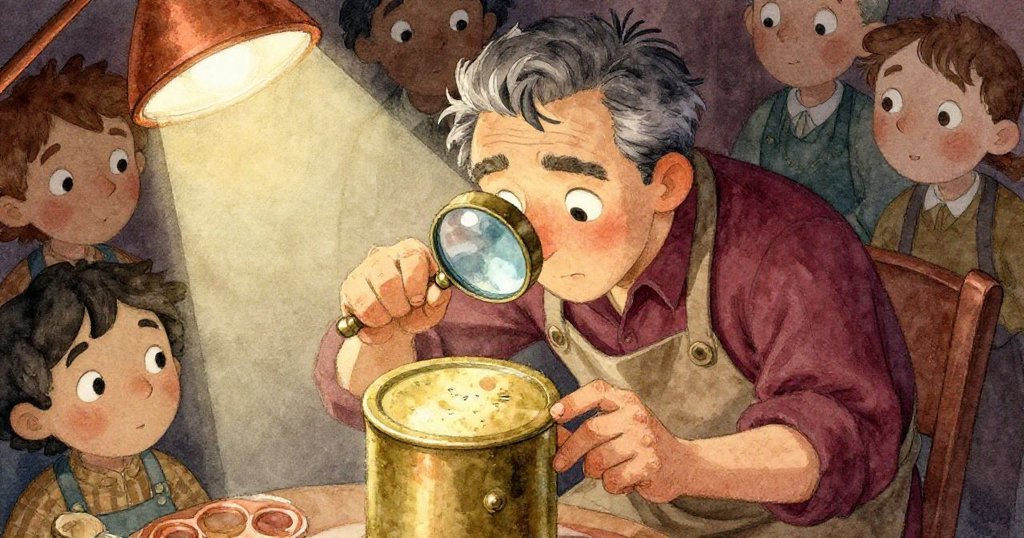 山姆俯視工作台，手持放大鏡細察黃銅零件細節，燈光明暗交錯，展現工匠精神與微妙瑕疵。