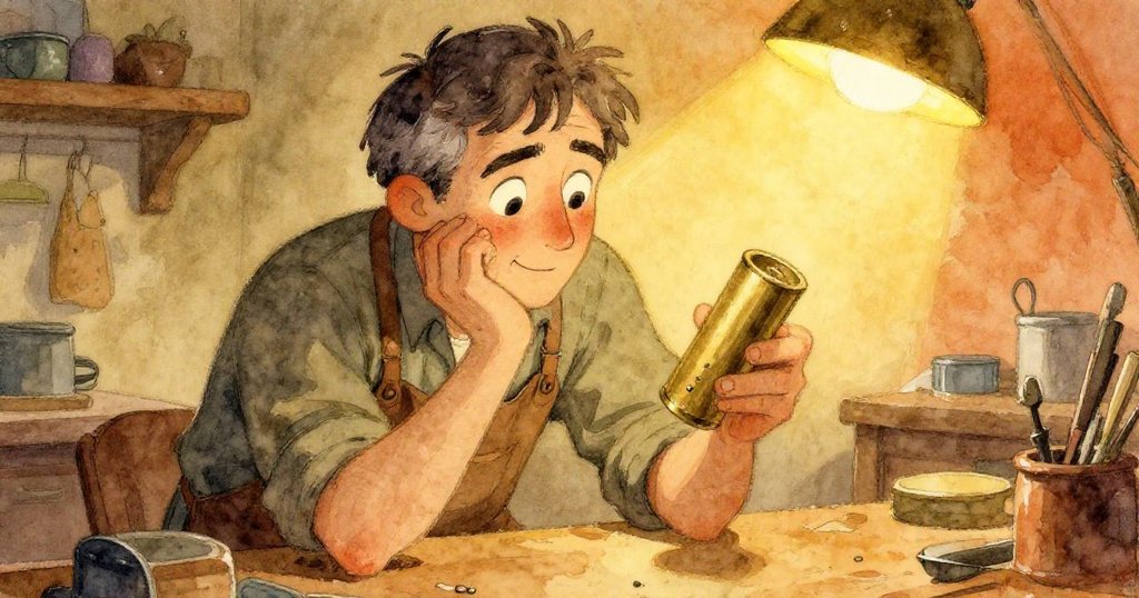 山姆在工作台前決定修復異常銅件，神情凝重，手中工具待命，背景呈現溫暖褐色調與斑駁細節。