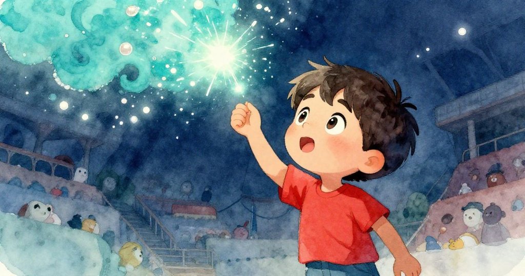 Heath凝視天花板上跳躍火花，臉上寫滿驚奇，光影交錯營造出充滿魔法與期待的氛圍。