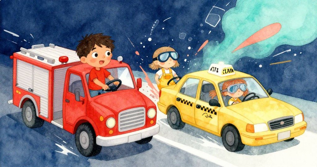 Heath駕駛紅色消防車試方向盤時，黃色小車中的Flora疑惑出現，畫面以傾斜角度展現動態挑戰與車輛互動。