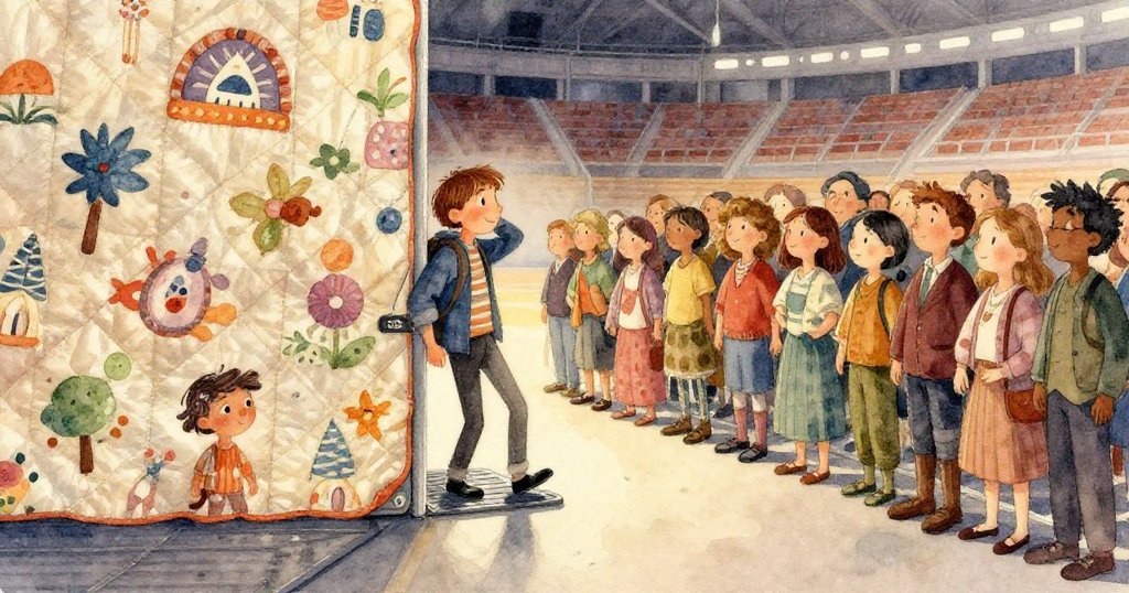 場景呈現不可能幾何效果，牆面剝落顯露夕陽橙與球場綠層次，火花閃爍出詩意抽象畫面，充滿魔幻感。