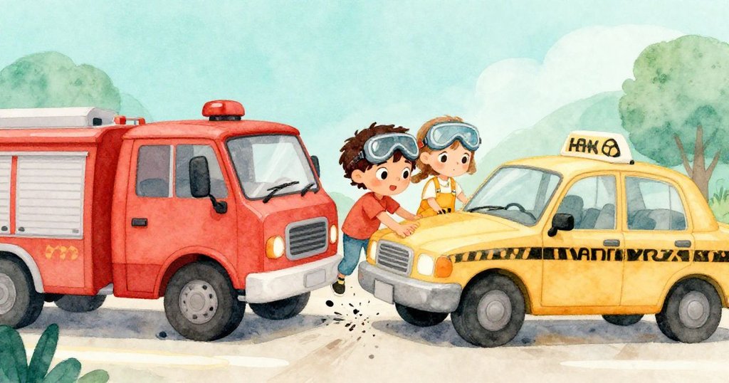 Flora溫柔推動Heath的車輛，兩車輕觸協作，背景中碰撞痕跡與暖光營造出友善與合作氛圍。