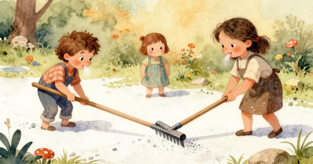 皮亞使用耙子旁的石徑近照，細膩展示粉筆塵、脊紋與隱約小動物的腳印，畫面質感豐富。