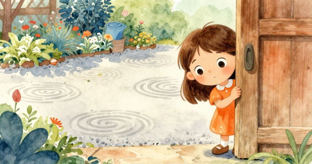 皮亞透過破舊柞木板縫窺望庭院，見到整齊石徑與自然細節，面露沉思與好奇。