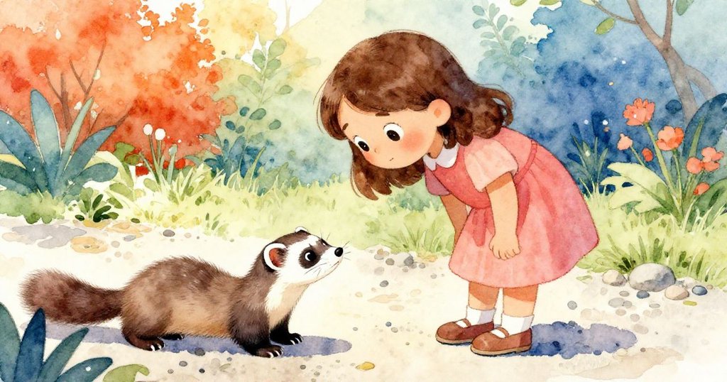 皮亞彎身與調皮的貍狸互動，溫柔觸碰展現好奇與溫情，背景石徑與自然細節清晰。