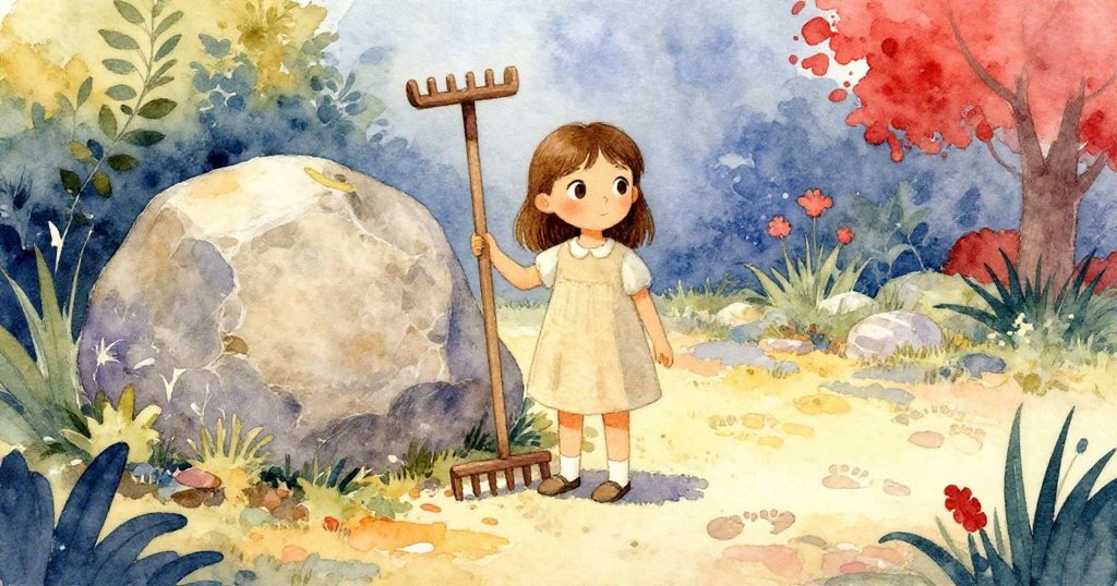 皮亞靠近大石旁靜思，手中木耙歪放於石邊，庭院因微風而焕新，暗示故事仍在延續。