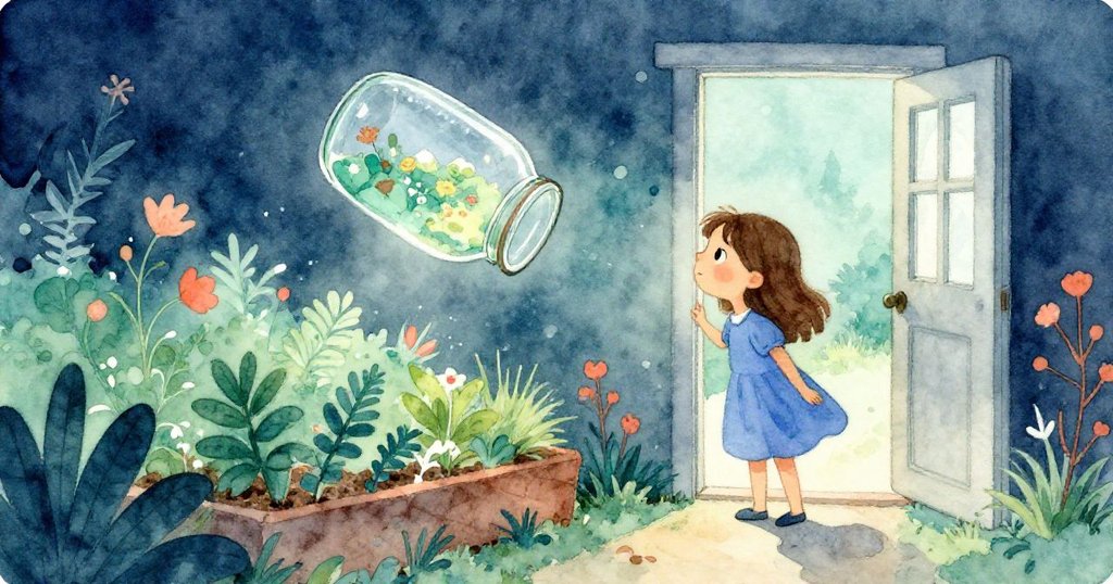 Dawn在開門處，側視著傾斜的玻璃罐，神情好奇，水滴觸發隱藏機關，環境呈現神秘花園與鵝卵石。