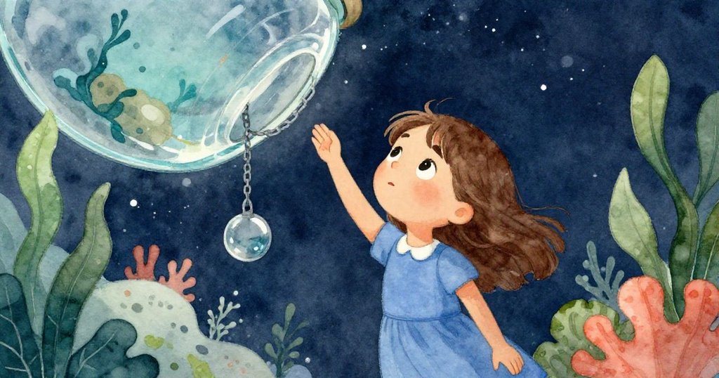 Dawn仰望懸掛機械鏈條，神情堅定，從低角度呈現她探索平衡奧秘的瞬間，細節清晰。