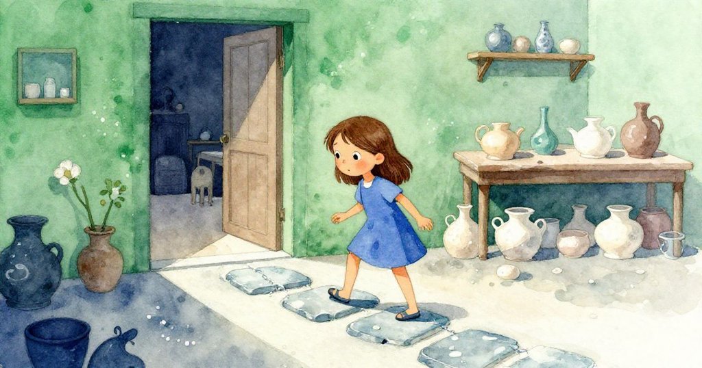 Dawn踏上鵝卵石路面，環境過渡間探索門框與機械鏈條，神情專注，充滿故事發展感。