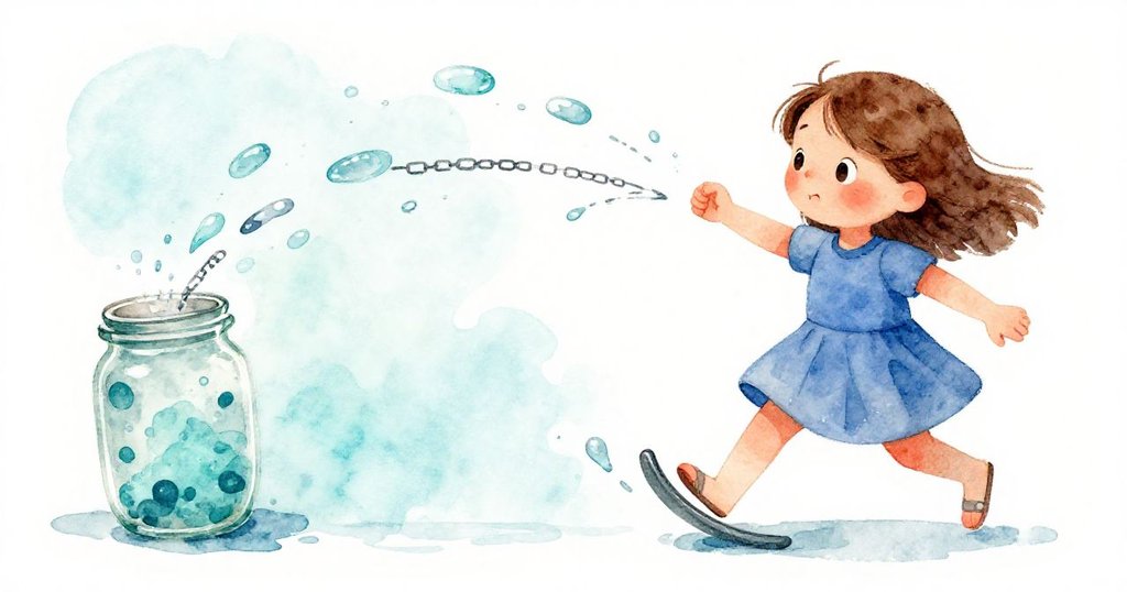 Dawn用力搖動玻璃罐，動態中流動的水滴與鏈條猶如追逐般演繹，神情緊張活力四射。