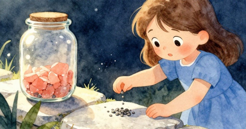 Dawn溫柔落下最後一粒碎石，金色夕陽映襯，玻璃罐平衡完美，神情滿足，畫面充滿溫暖寧靜。