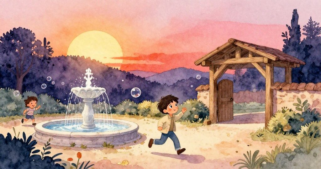 Dorian走進庭院，低拱門、修剪整齊的樹籬和追逐泡泡的孩子陪襯出開放、活潑的迎接氛圍。