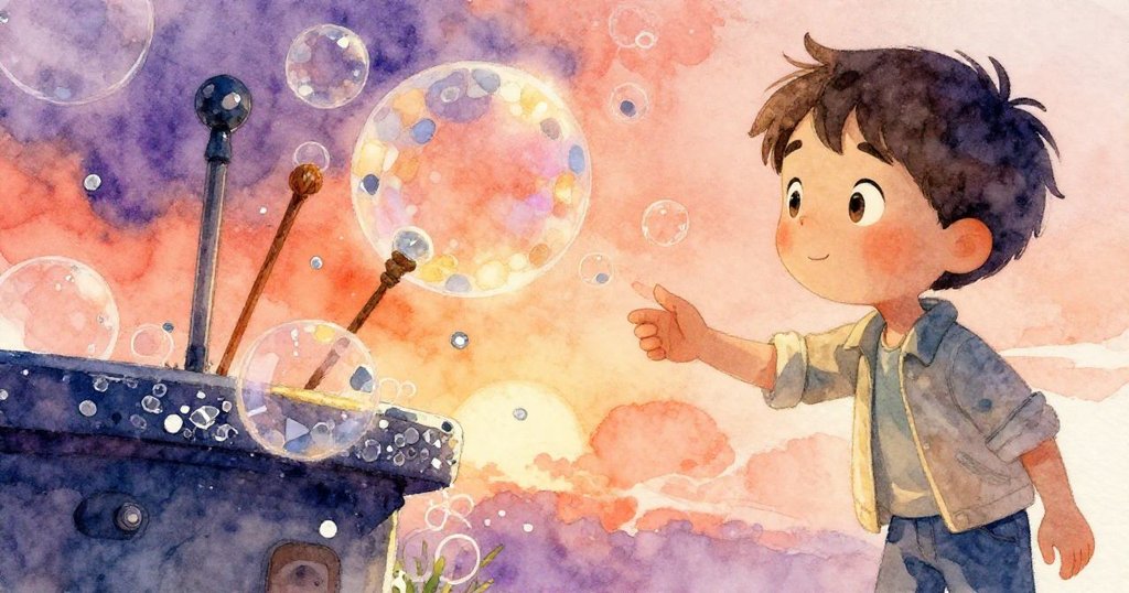 Dorian細心觸摸老舊的泡泡裝置，特寫展現帶銀色斑點的繩索和傾斜木杖，流露出懷舊與好奇情緒。