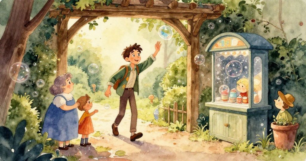 兩個幼童置身於繽紛繡球花間，用力伸手追逐漂浮的泡泡，扭曲視角呈現夢幻魔法感。