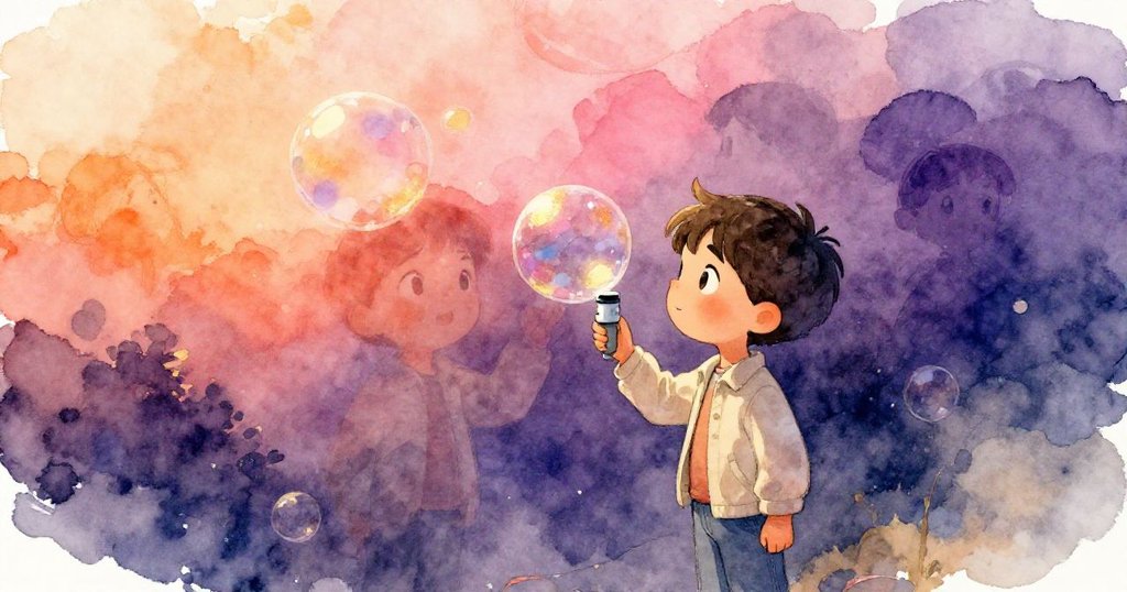 Dorian站在泡泡裝置前，注視著液面中交融著現實與模糊過往記憶的倒影，充滿奇幻與懷舊情懷。