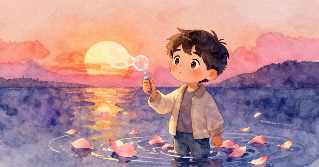 Dorian神情凝重地握住暖手小杖，液面上漂浮著三片粉紅色凋零花瓣，象徵著內心的抉擇與轉變。