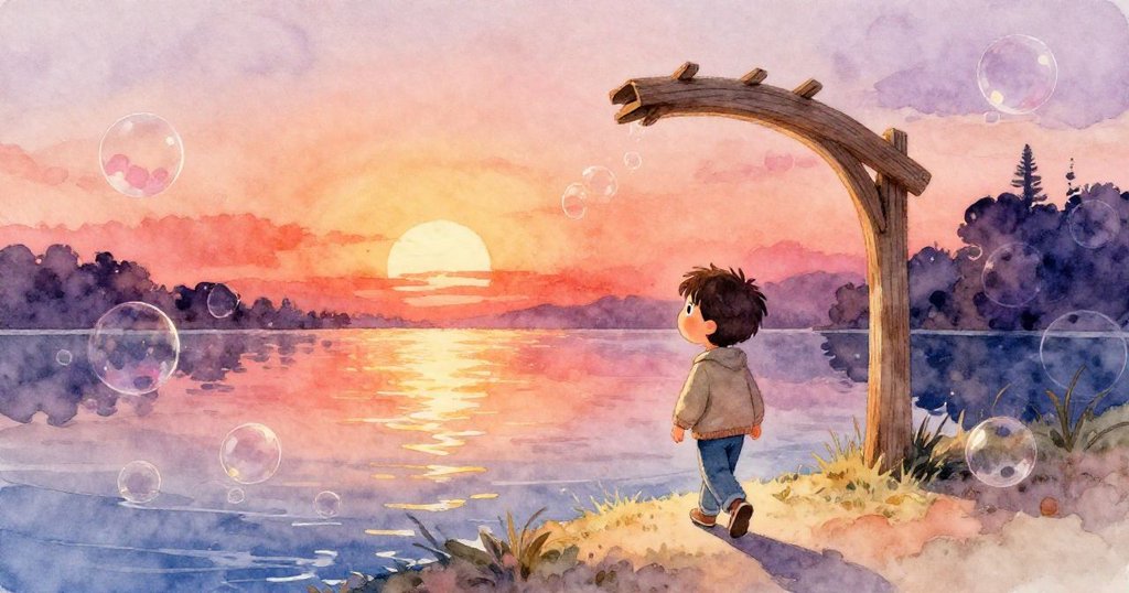 Dorian離開泡泡裝置，朝著低木拱門前進，背景液面映出漸淡的玫瑰與金色光澤，傳遞著未來更多奇遇的希望。