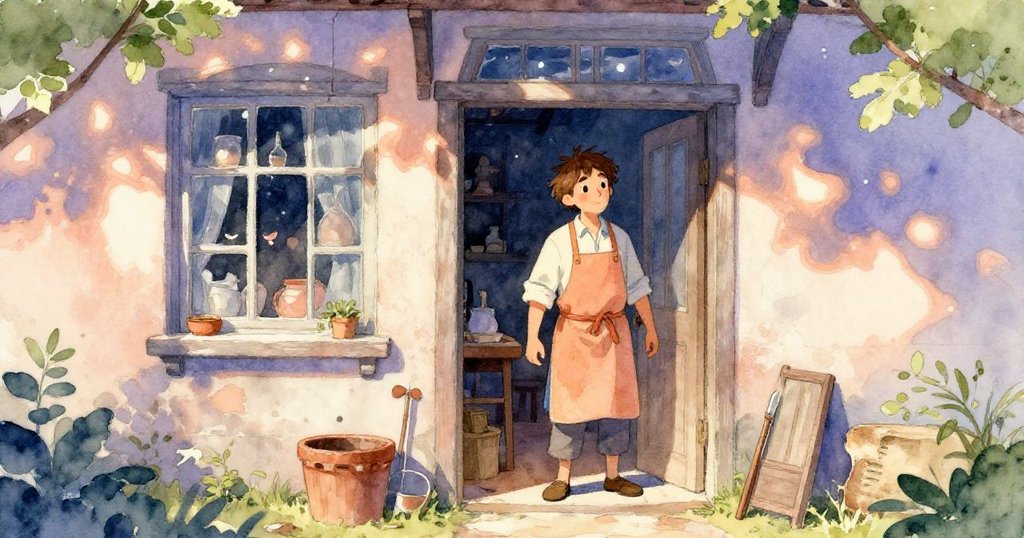 Emil在破曉光影下站於古色古香的工作室門前，目光充滿好奇與期待，展開故事的神秘序幕。