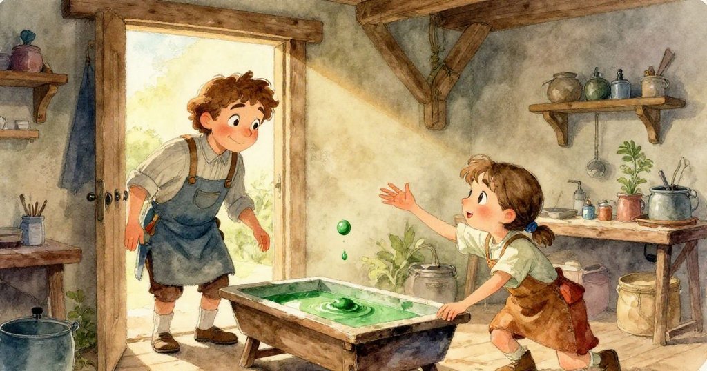 Emil專注凝視眼中閃爍的顏料光斑，眼神中流露驚奇與細膩情感，呈現創作初期探索的靜謐瞬間。