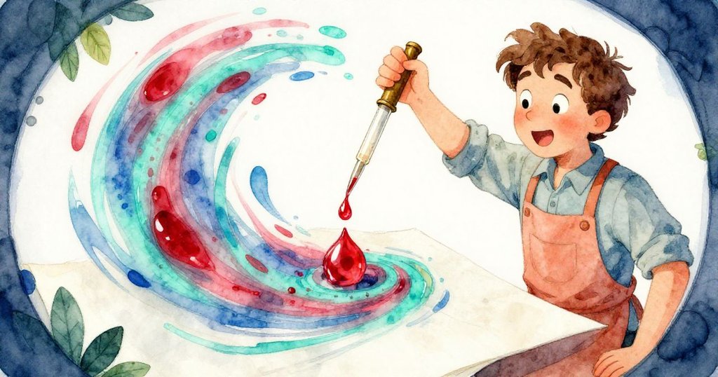 Emil使用銅製滴管釋放紅寶石色顆粒，液態顏料旋轉流動，營造出充滿魔幻扭曲美感的創作瞬間。