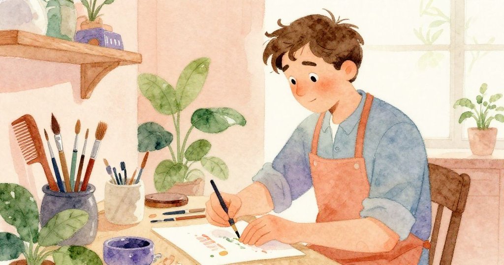 Emil在明亮溫暖的工作室內整理畫筆與工具，動作穩重而專注，呈現出藝術家準備下一階段創作的細膩情緒。