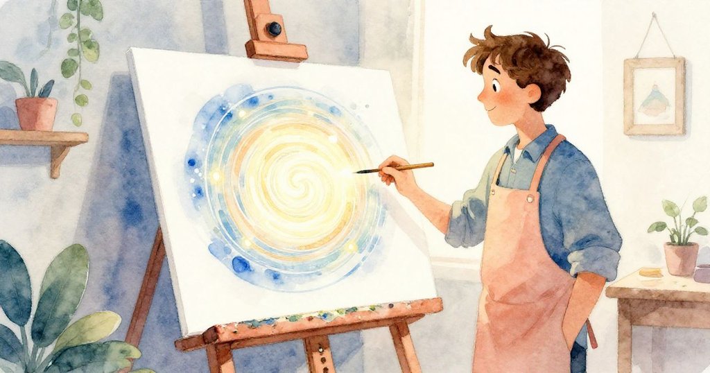 Emil在靜謐的工作室中滿意凝視完成的流光圖案，柔和光影映襯出創作結局的平靜與藝術家的深情回味。