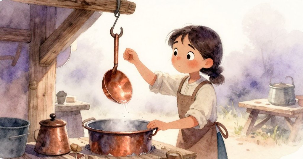 Zara 穿著簡單工作服,在晨霧中工廠前檢查懸著的銅鏟,展現出謹慎與驚奇的情緒。