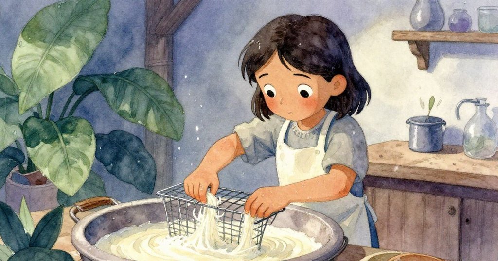 Zara 專注地將金屬網框滑入混濁的漿料缸中,手部動作細膩,工坊內光影柔和,顯示出她的專心。