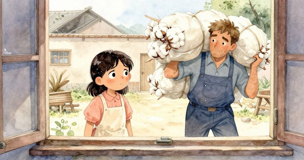 透過窗戶看見,Zara 注視著外面發生的金屬聲響,Reed 持著棉布包走來,室內外光影對比突出。