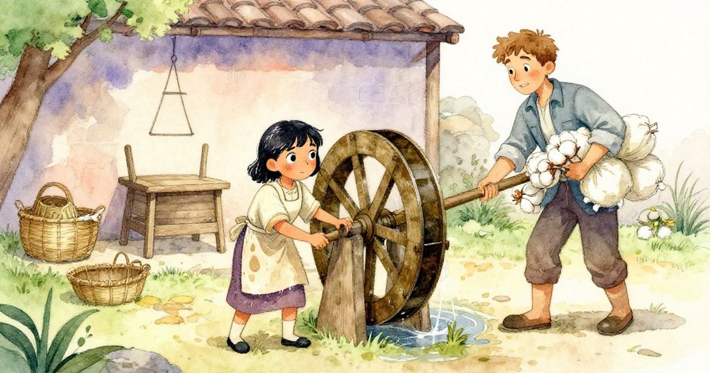 Zara 與 Reed 在戶外大門前合作解決水車軸卡住問題,兩人動作協調,背景中露出籐籃與老舊機械。