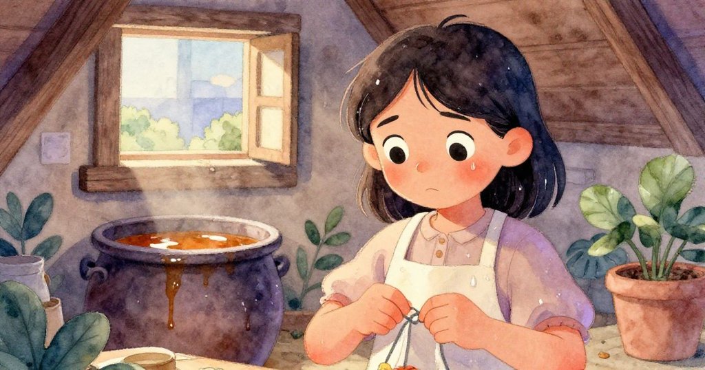 Zara 回到閣樓,重新綁緊繩結,臉上露出平靜自信。背景中展現出變化的漿缸和傍晚溫柔的藍光。