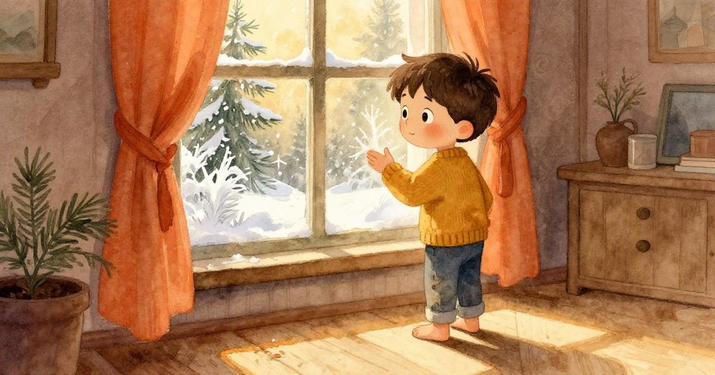 Ivan站在溫暖房間中，凝視著覆滿霜花的窗戶，房內散發松木香味，他臉上帶著好奇微笑。