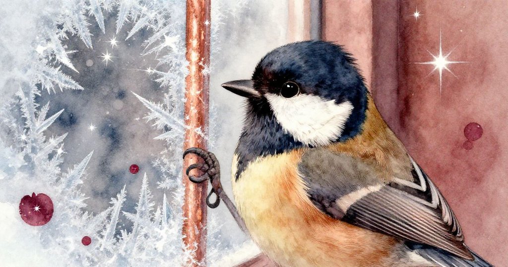 一隻小鳥用喙輕敲覆冰窗戶，微光閃爍，冰屑如星點散落，展現細膩畫面。