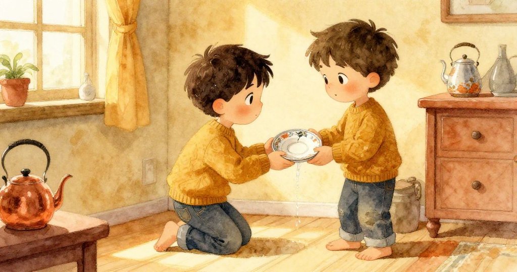 Ivan走向明亮角落，小心舉起破裂瓷盤接熱水，展現和煦室內氛圍與溫柔情感。